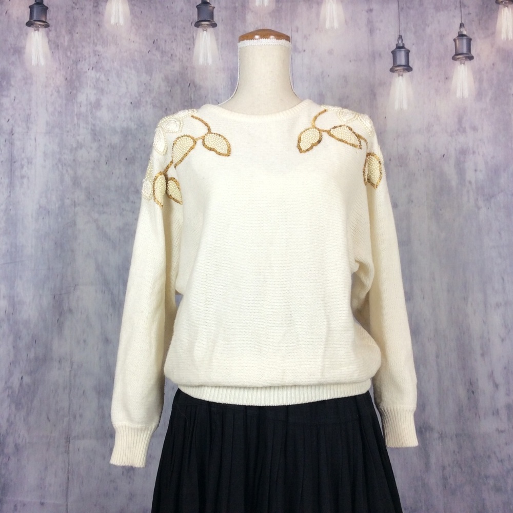 Gino's Fashion 80's Floral Beaded Dolman Sweater